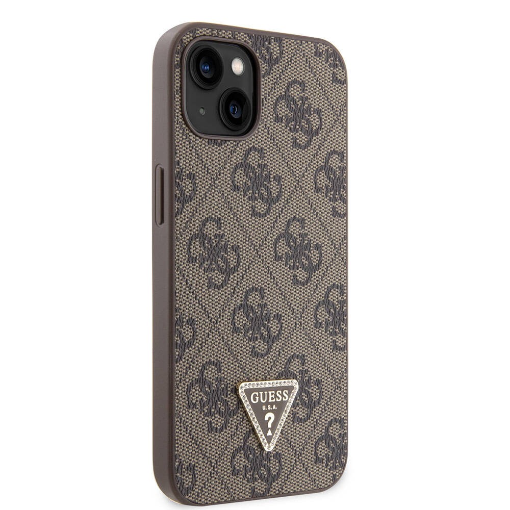 iPhone 14 Kılıf Guess Orjinal Lisanslı PU Deri Taşlı Üçgen Logo 4G Desenli Kılıf