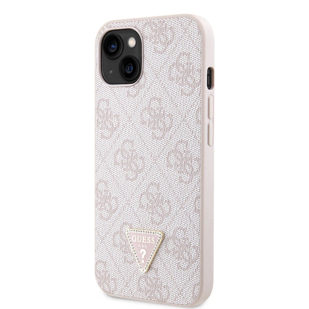iPhone 14 Kılıf Guess Orjinal Lisanslı PU Deri Taşlı Üçgen Logo 4G Desenli Kılıf