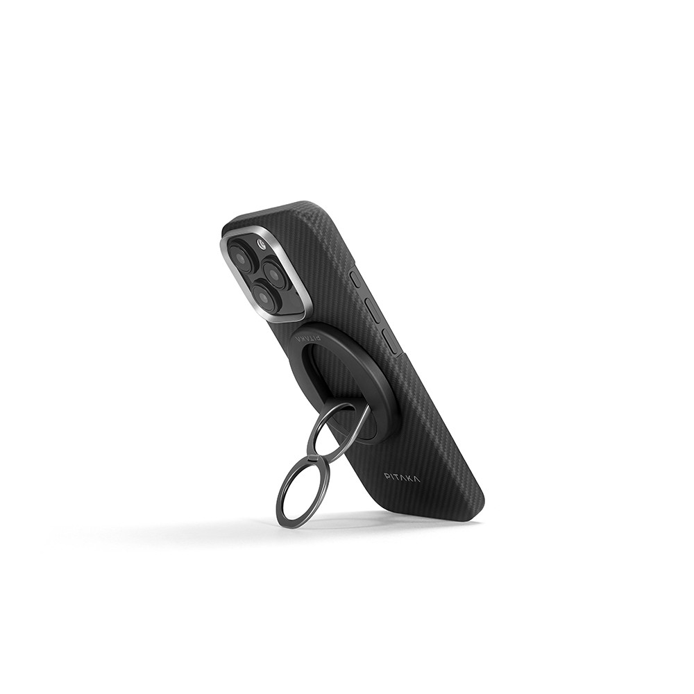 Apple iPhone 16 Pro Max Kılıf M-safe Şarj Özellikli Grip 3 Standlı 600D Aramid Fiber Pitaka Ultra-Slim Classic Serisi Black-Grey Twill Kapak