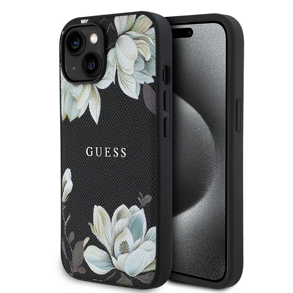 Apple iPhone 15 Kılıf Guess Orjinal Lisanslı M-safe Şarj Özellikli Taneli Çiçek Tasarımlı Metal Yazı Logolu Kapak