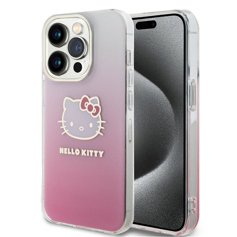 iPhone 15 Pro Kılıf Hello Kitty Orjinal Lisanslı Yazı ve İkonik Logolu Elektroplating Kaplama Gradyan Kılıf