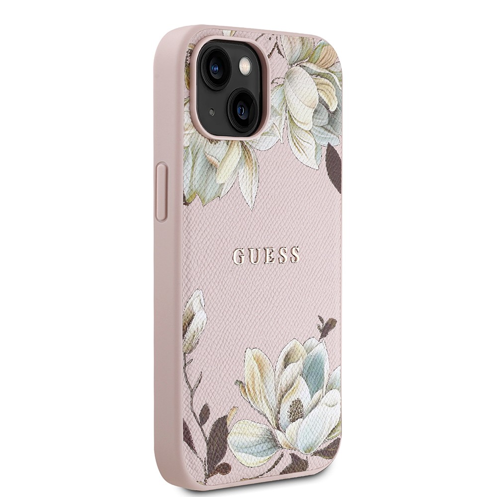 Apple iPhone 15 Kılıf Guess Orjinal Lisanslı M-safe Şarj Özellikli Taneli Çiçek Tasarımlı Metal Yazı Logolu Kapak