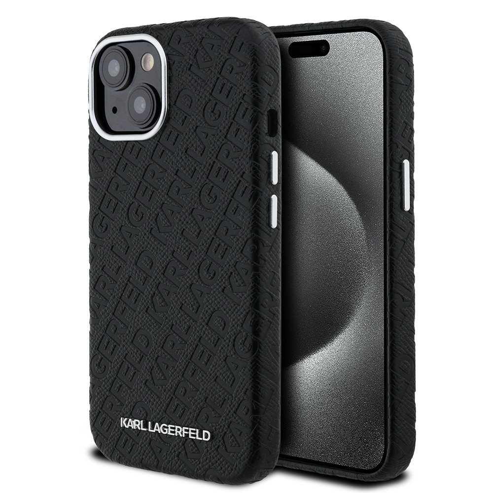 Apple iPhone 15 Kılıf Karl Lagerfeld Orjinal Lisanslı PU Deri Damgalı Metal Yazı Logolu Kapak