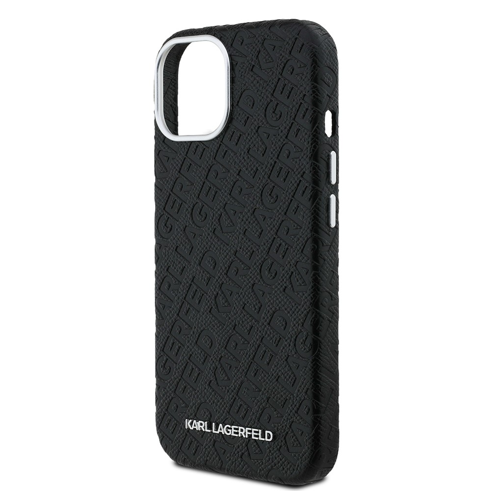 Apple iPhone 15 Kılıf Karl Lagerfeld Orjinal Lisanslı PU Deri Damgalı Metal Yazı Logolu Kapak