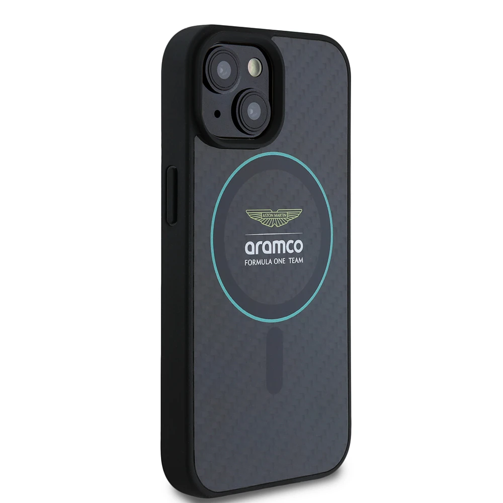 Apple iPhone 15 Kılıf Aston Martin Orjinal Lisanslı M-safe Şarj Özellikli Renkli Halka ve Karbon Fiber Tasarımlı Kapak