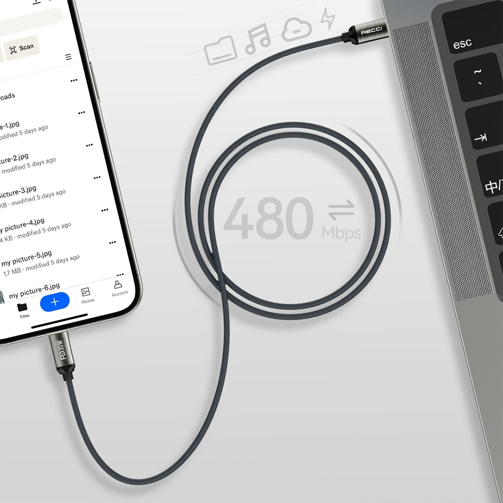 Recci RS35CL Type-C to Lightning PD 30W Örgü Tasarımlı Hızlı Şarj Özellikli Data ve Şarj Kablosu 1M