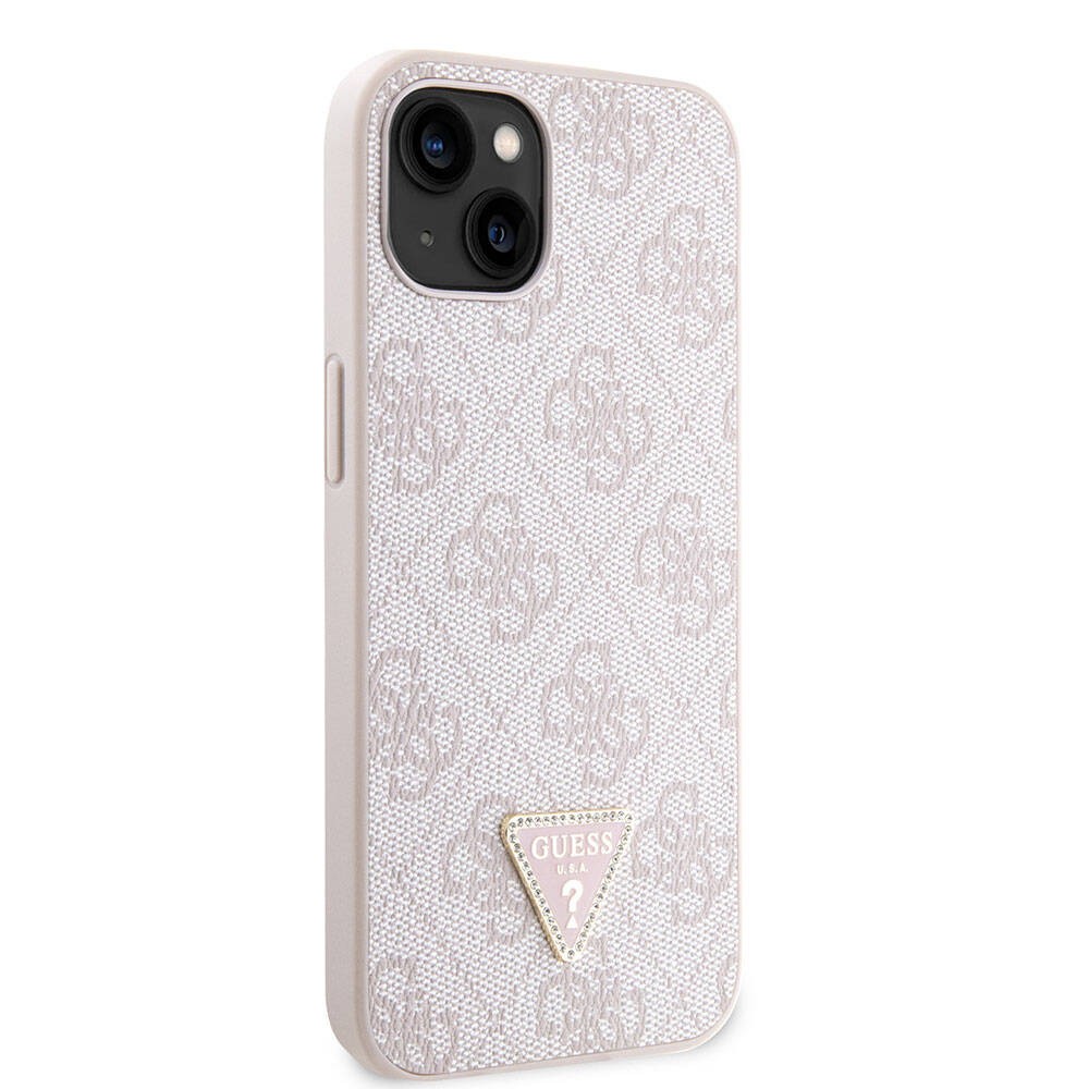 iPhone 14 Kılıf Guess Orjinal Lisanslı PU Deri Taşlı Üçgen Logo 4G Desenli Kılıf