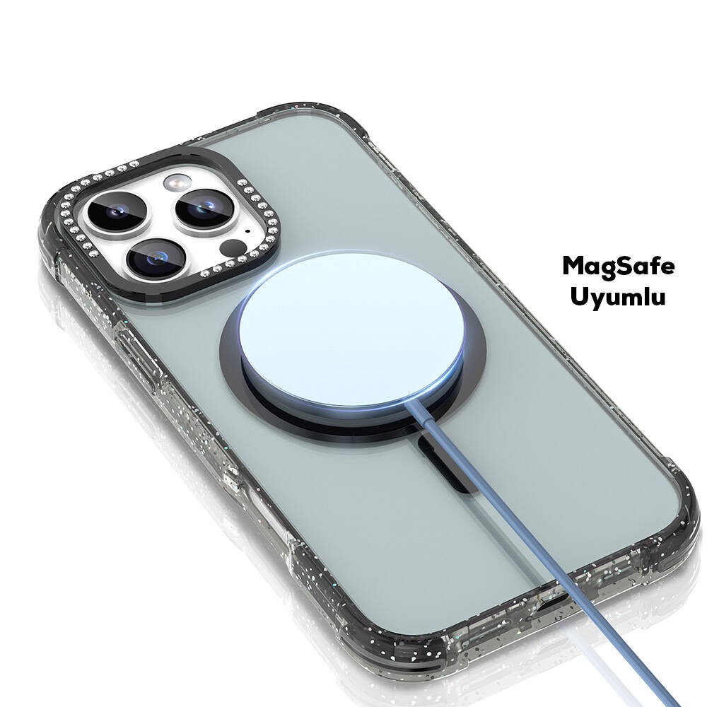 iPhone 16 Pro Max Kılıf Magsafe Şarj Özellikli Taşlı ve Simli Tasarım Mutural Blink Kılıf