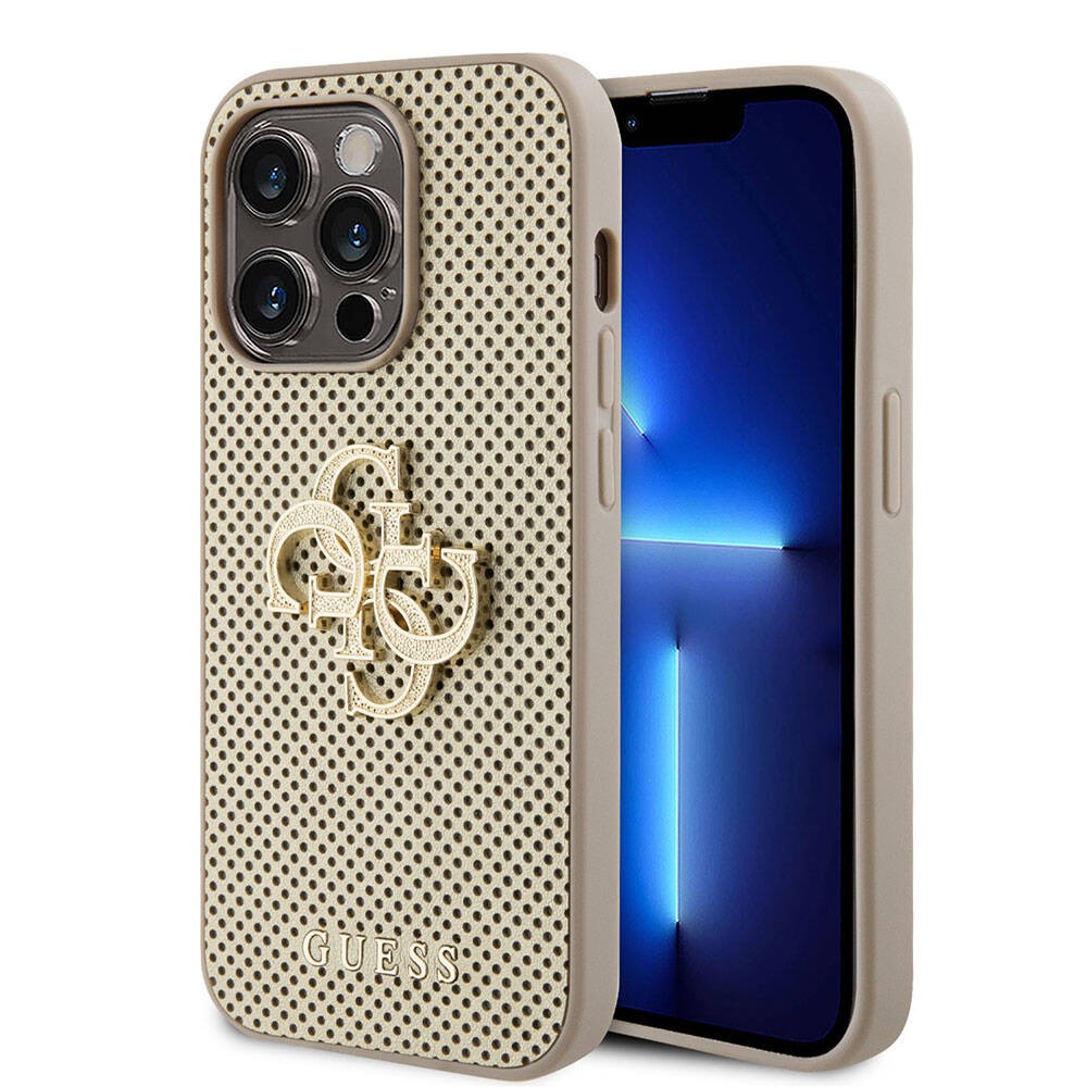 iPhone 15 Pro Kılıf Guess Orjinal Lisanslı Delikli Yazı ve 4G Glitter Büyük Metal Logolu Kılıf