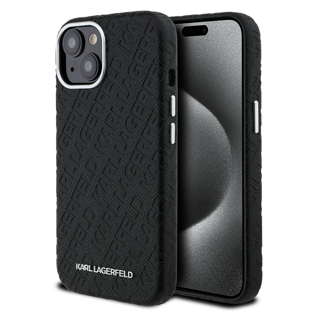 Apple iPhone 14 Kılıf Karl Lagerfeld Orjinal Lisanslı PU Deri Damgalı Metal Yazı Logolu Kapak