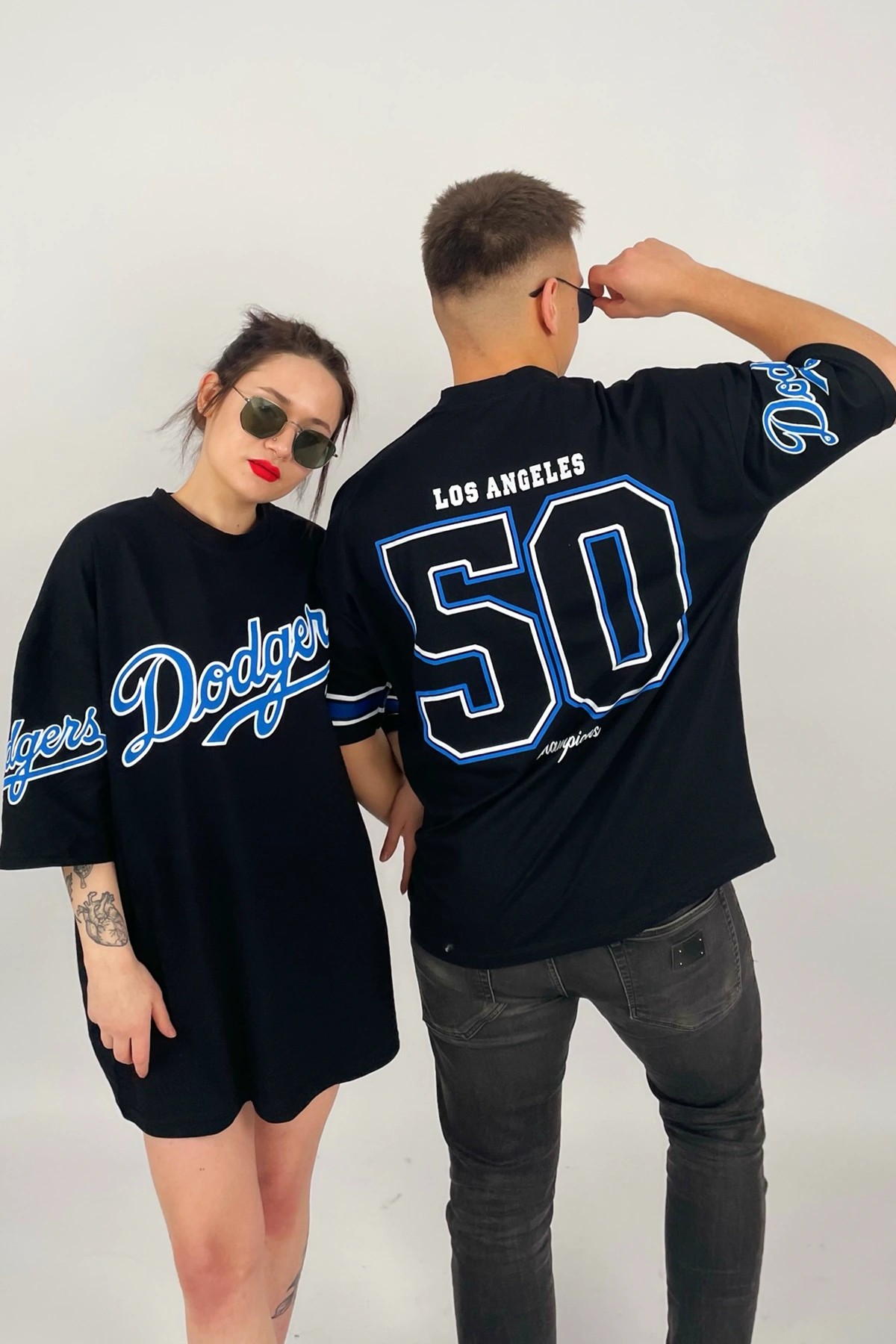 Unisex Siyah Oversize Dodgers Mavi Baskılı T-Shirt