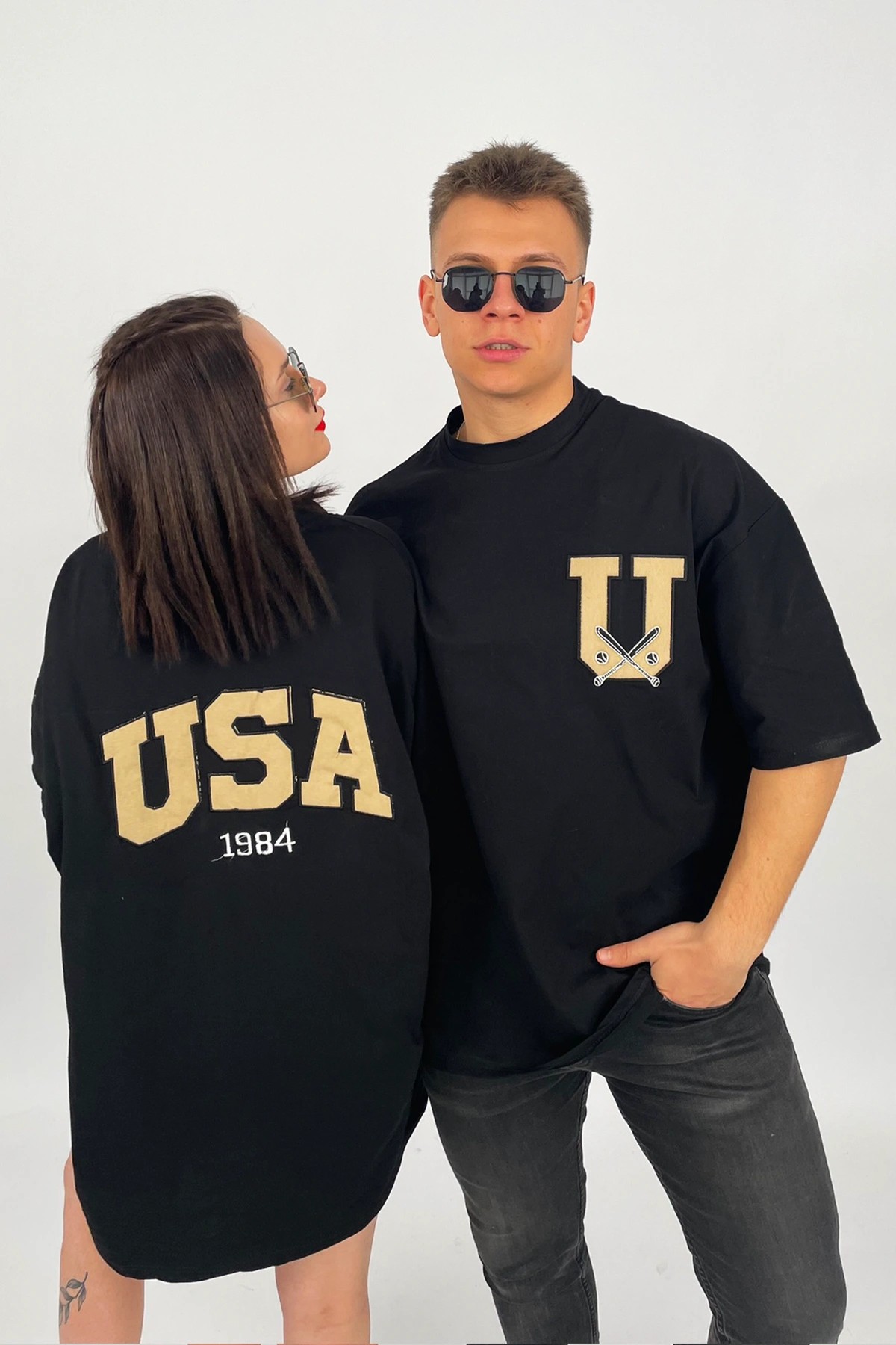 Unisex Siyah Oversize USA Nakışlı T-Shirt