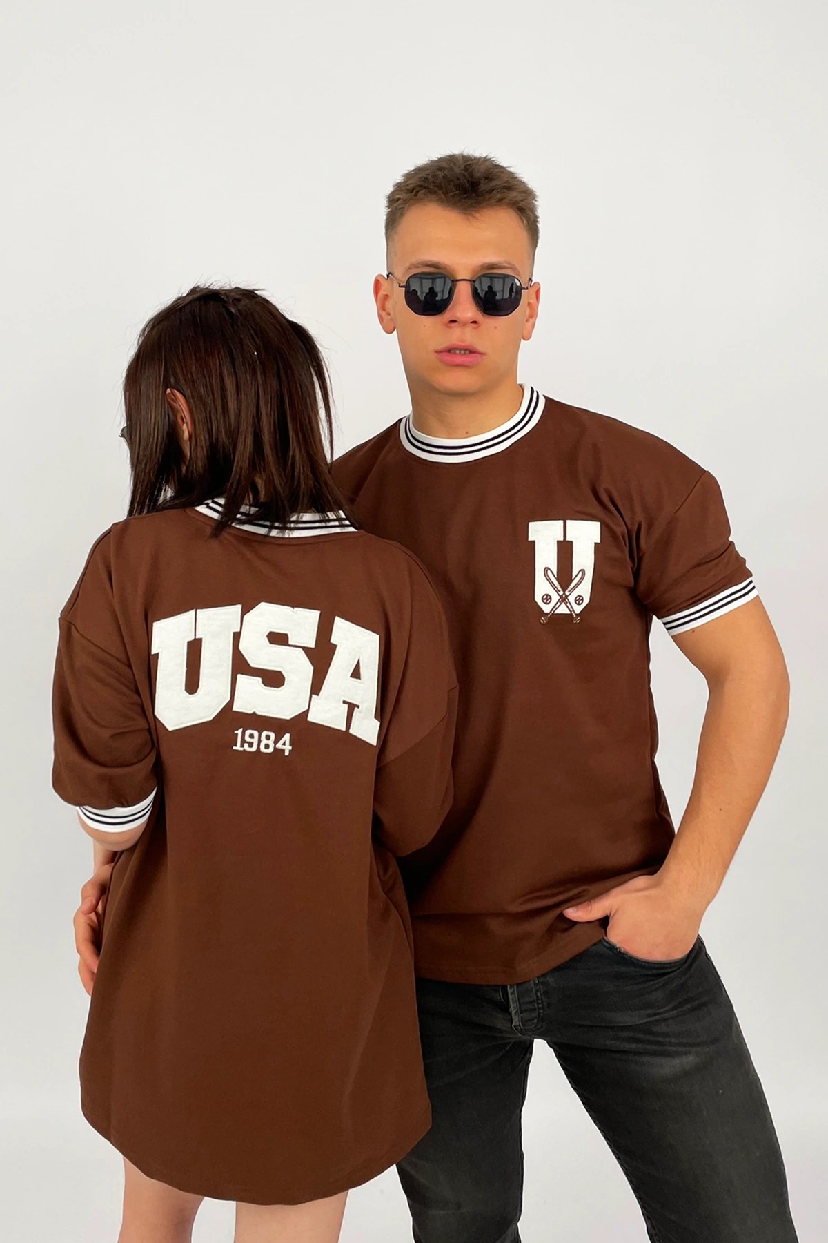 Unisex Kahverengi Oversize USA Nakışlı Ribanalı T-Shirt