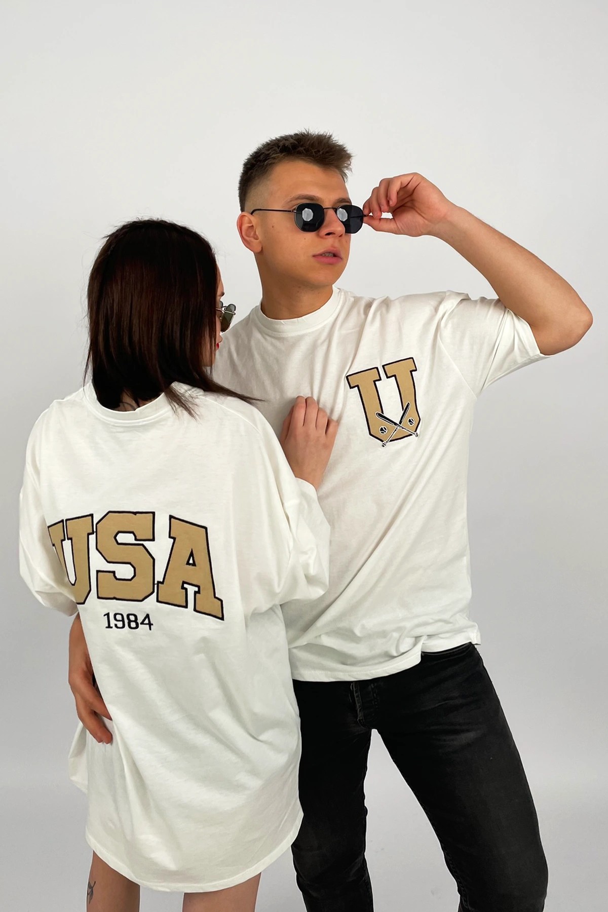 Unisex Beyaz Oversize USA Nakışlı T-Shirt