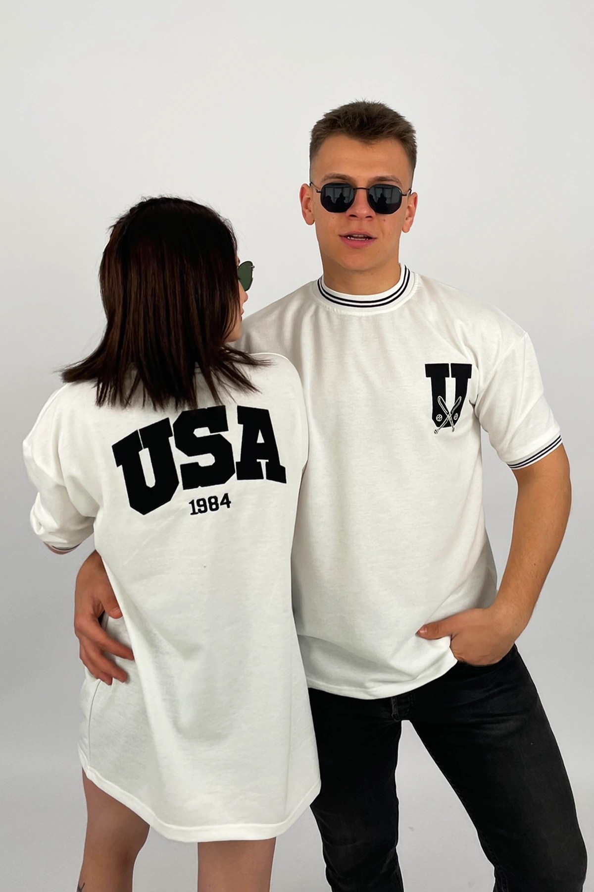 Unisex Beyaz Oversize USA Nakışlı Ribanalı T-Shirt