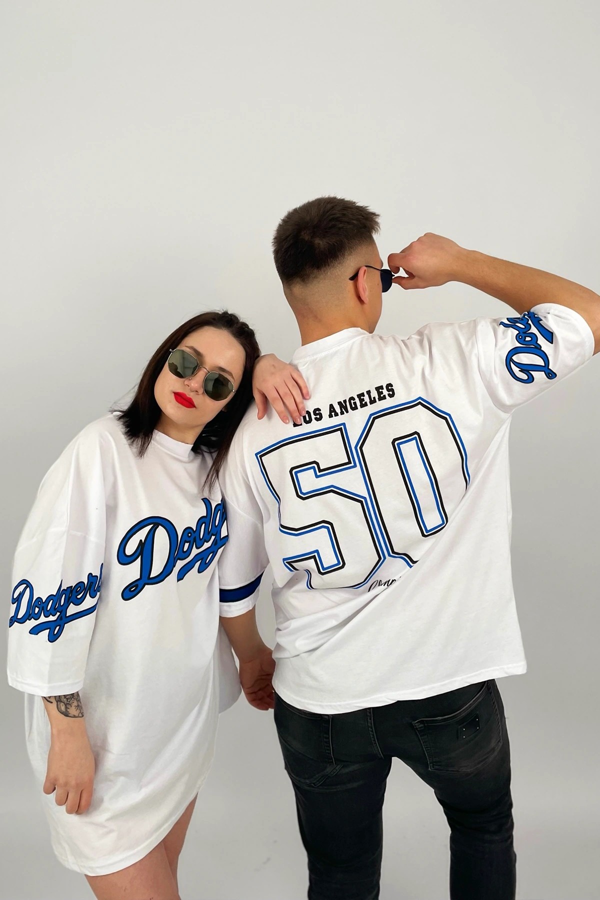 Unisex Beyaz Oversize Dodgers Mavi Baskılı T-Shirt