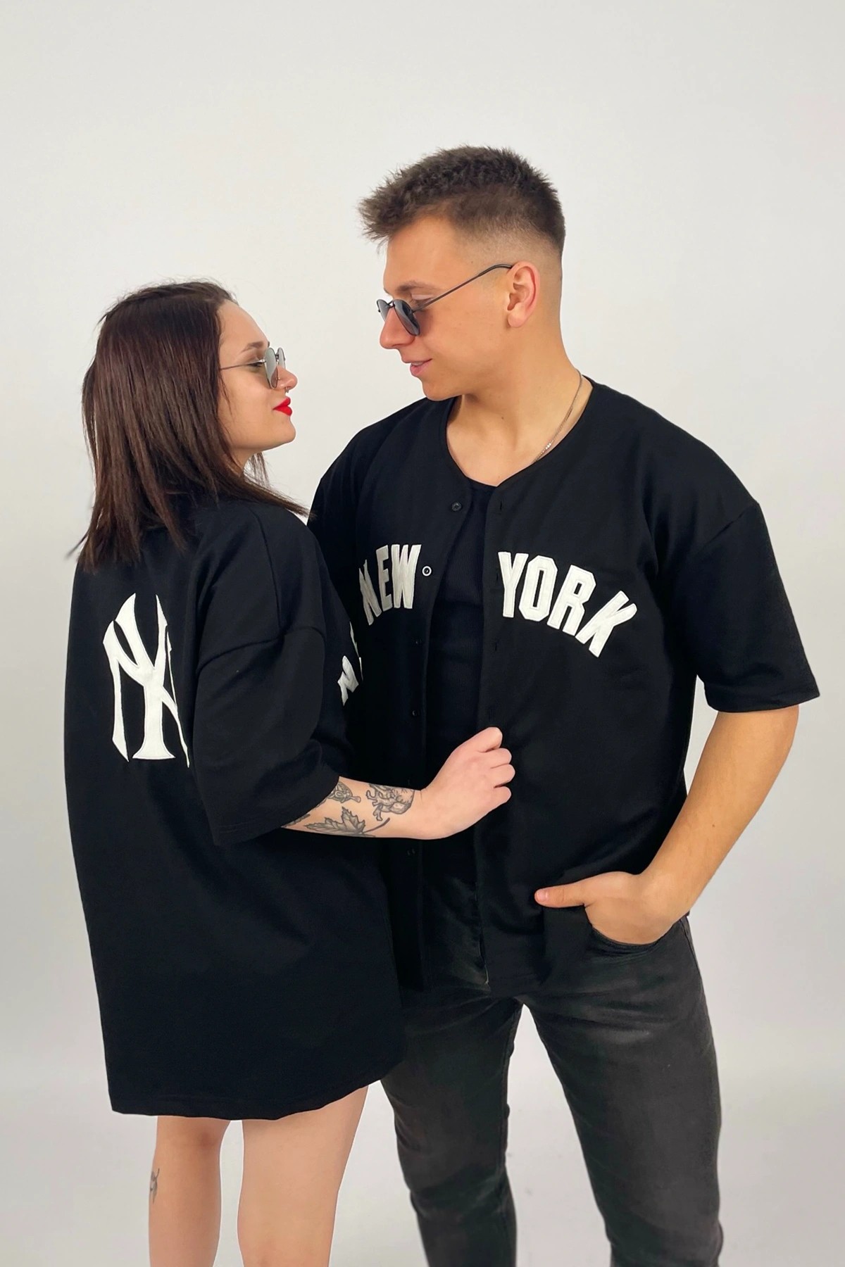 Unisex Siyah Oversize NewYork Nakışlı Beyzbol Kısa Kol Gömlek
