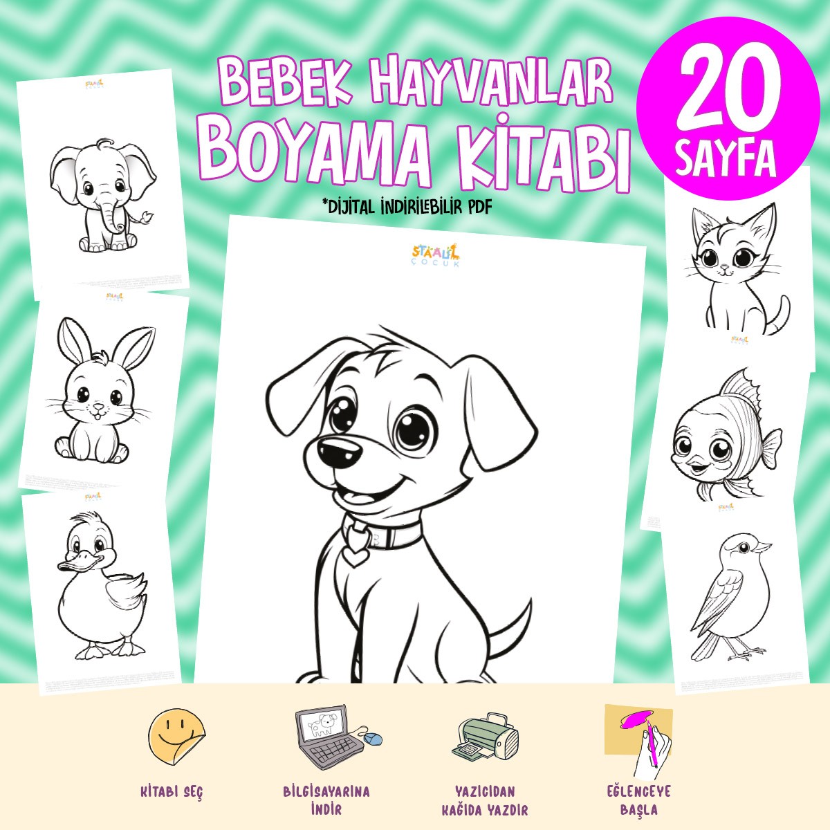 Bebek Hayvanlar Boyama Kitabı - Dijital İndirilebilir Kitap (PDF)