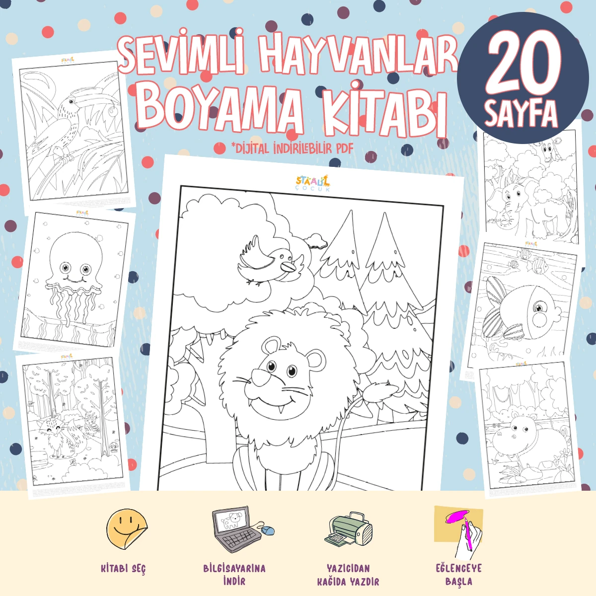 Sevimli Hayvanlar Boyama Kitabı - Dijital İndirilebilir Kitap (PDF)