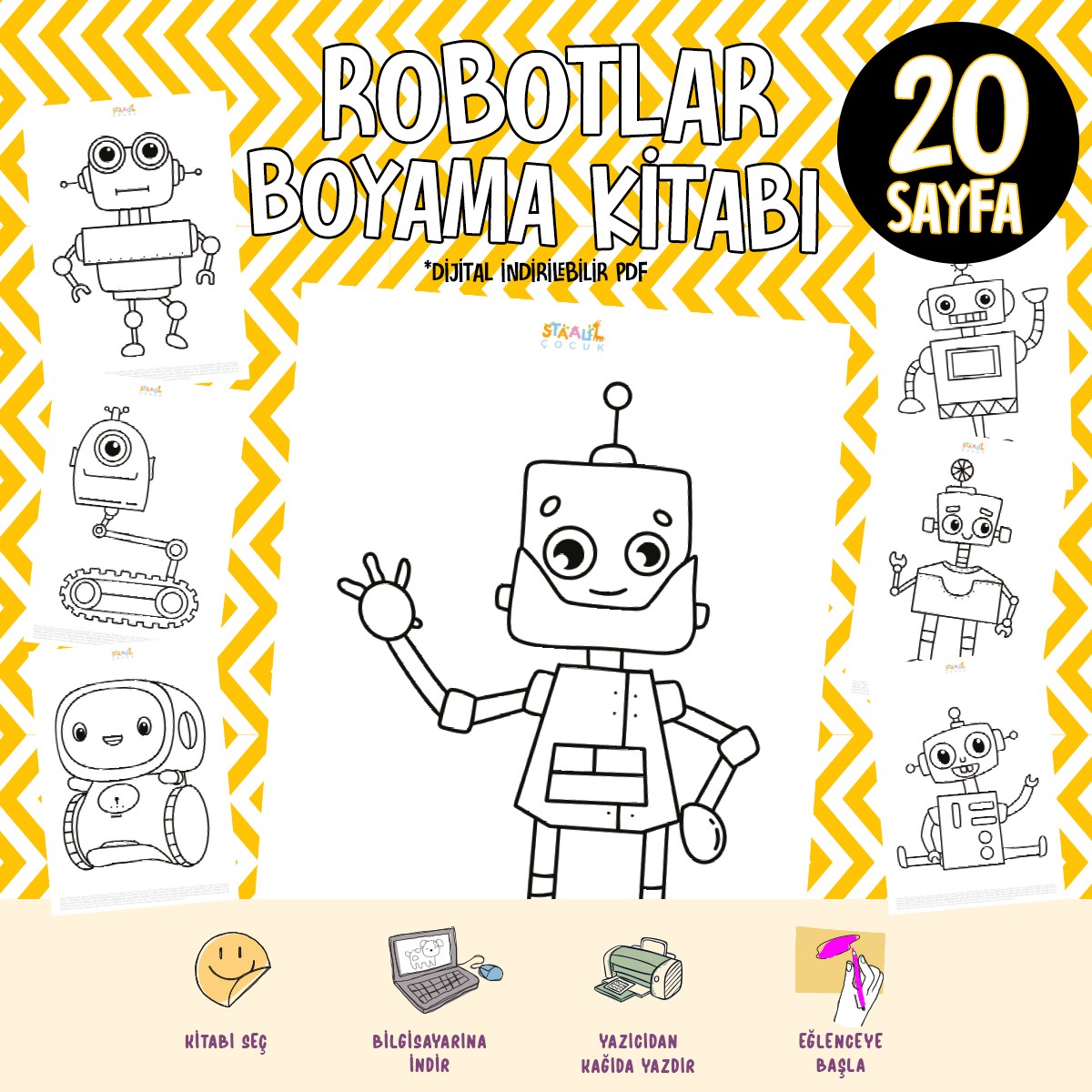 Robotlar Boyama Kitabı - Dijital İndirilebilir Kitap (PDF)