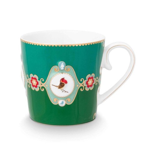 Love Birds Madalyon Desenli Mug Büyük Yeşil Renk 250 ml