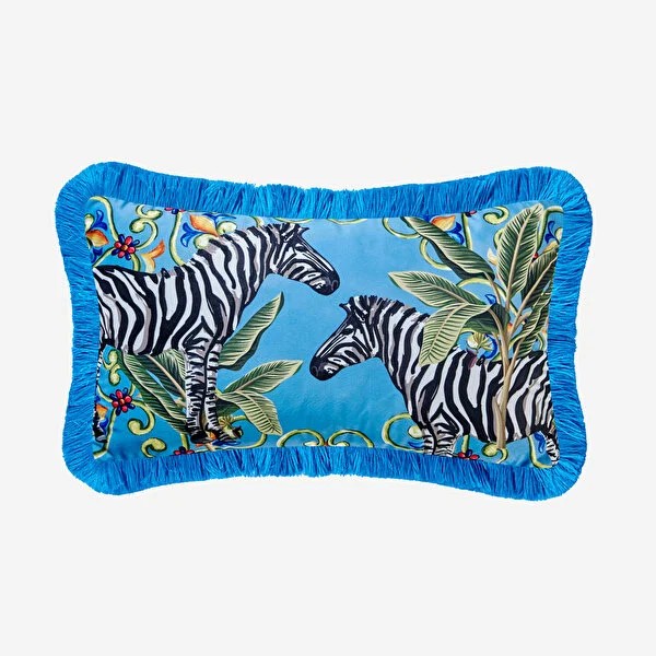 Il Giardino Zebra Desenli Dekoratif Kadife Yastık Mavi  Renk 30x50 cm