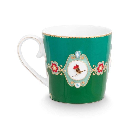 Love Birds Madalyon Desenli Mug Büyük Yeşil Renk 250 ml