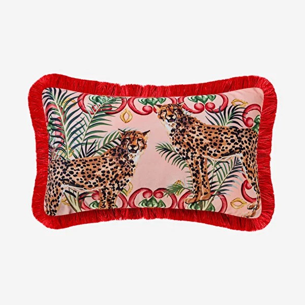 Il Giardino Leopar Desenli Dekoratif Kadife Yastık Pembe Renk 30x50 cm