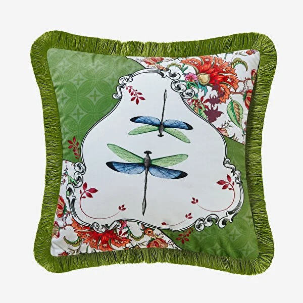 Allure Yusufçuk Desenli Dekoratif Kadife Yastık Yeşil Renk 43x43 cm