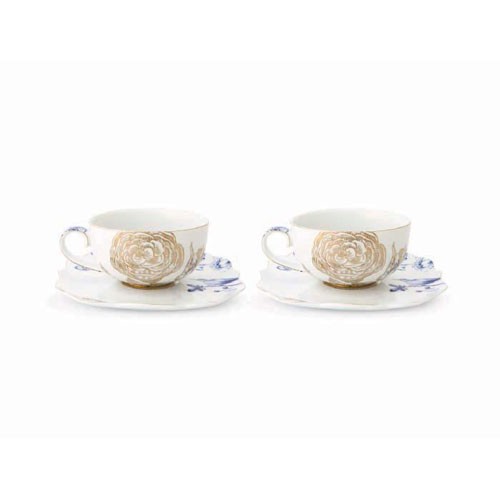 Royal White Çiçek Desenli 2'li Çay & Kahve Fincanı Altın Rengi