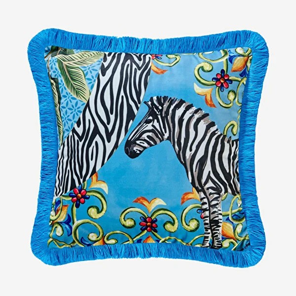 Il Giardino Zebra Desenli Dekoratif Kadife Yastık Mavi Renk 43x43 cm