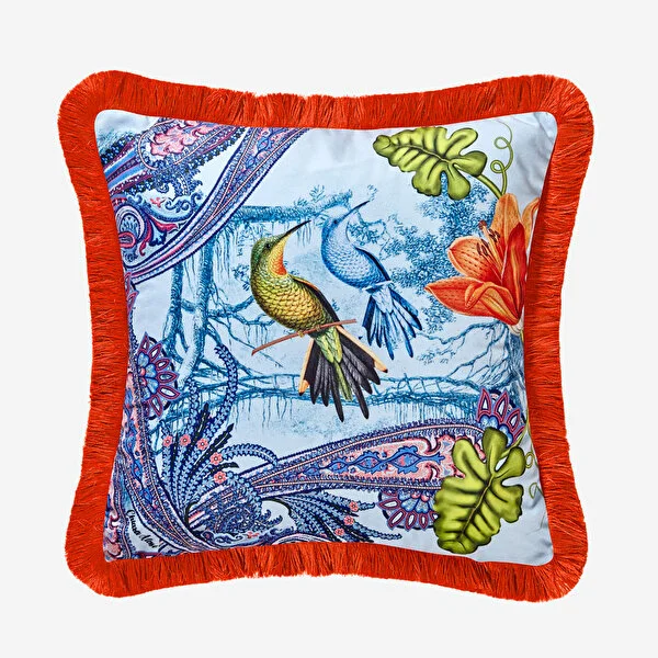 Magic Garden Kuş Desenli Dekoratif Kadife Yastık Turkuaz Renk 45x45 cm