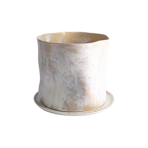 Stonware Delikli ve Tabaklı Saksı Beyaz-Kahverengi
