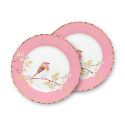 Floral 2'li Kuşlu Tabak Pembe Renk 21 cm + Hediye Kutusu