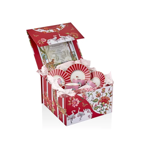 Love Bird 4'lü Tabak Fincan Seti Kırmızı-Pembe Renk