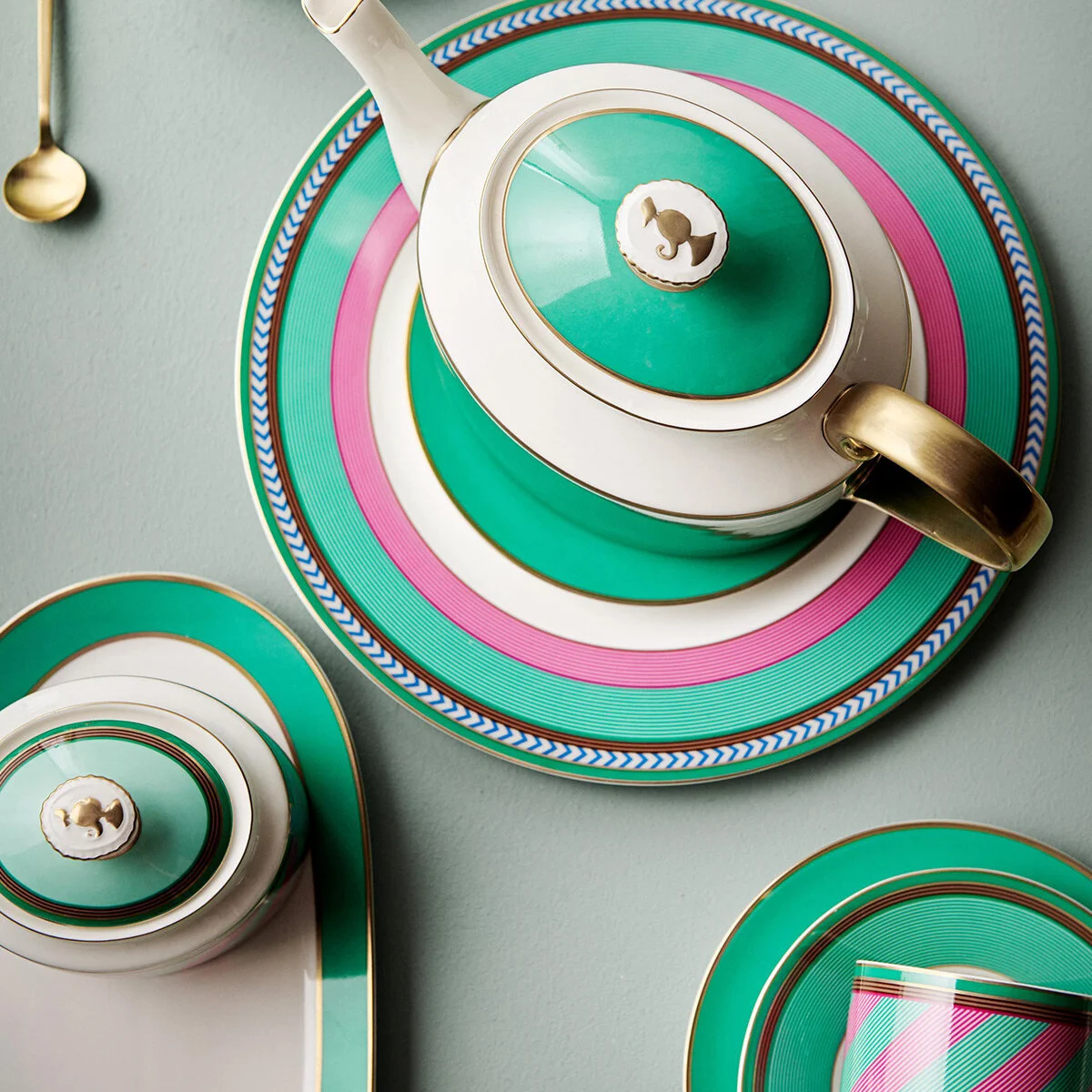 Chique Stripes Çizgili Tabak Pembe - Yeşil Renk 28 cm