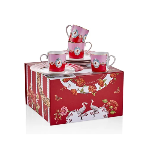 Love Bird 4'lü Tabak Fincan Seti Kırmızı-Pembe Renk