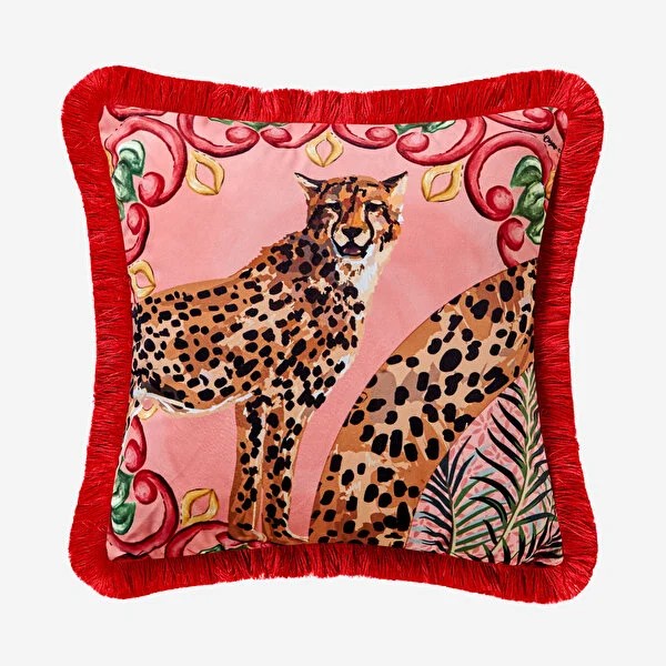 Il Giardino Leopar Desenli Dekoratif Kadife Yastık Kırmızı Renk 43x43 cm