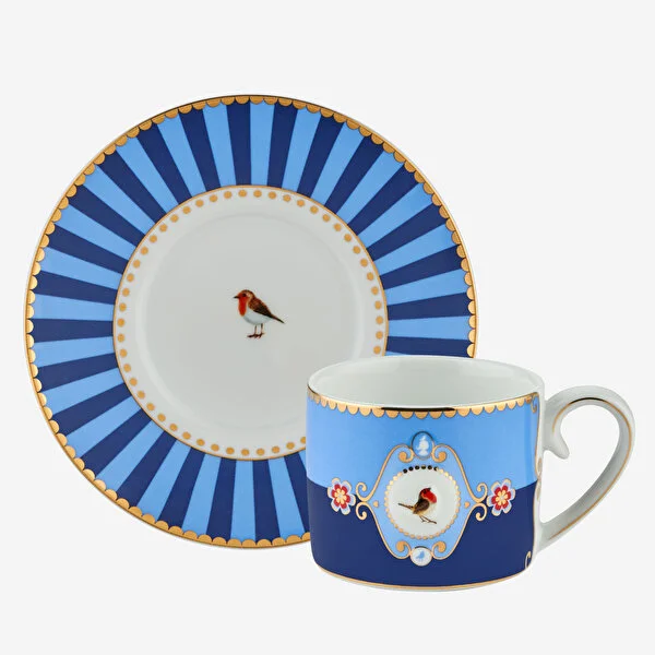 Love Birds Madalyon Desenli Kahve Fincanı Mavi Renk 125 ml