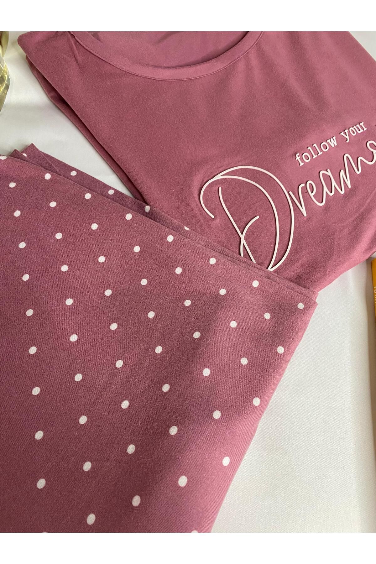 Pembe Renkli Baskılı Puantiyeli Uzun Pijama Takımı