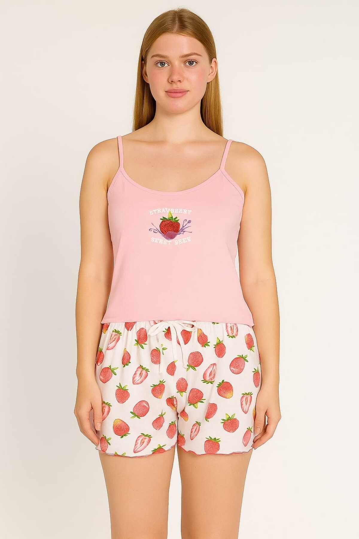 Pembe Çilek Desenli Askılı Şortlu Pijama Takımı