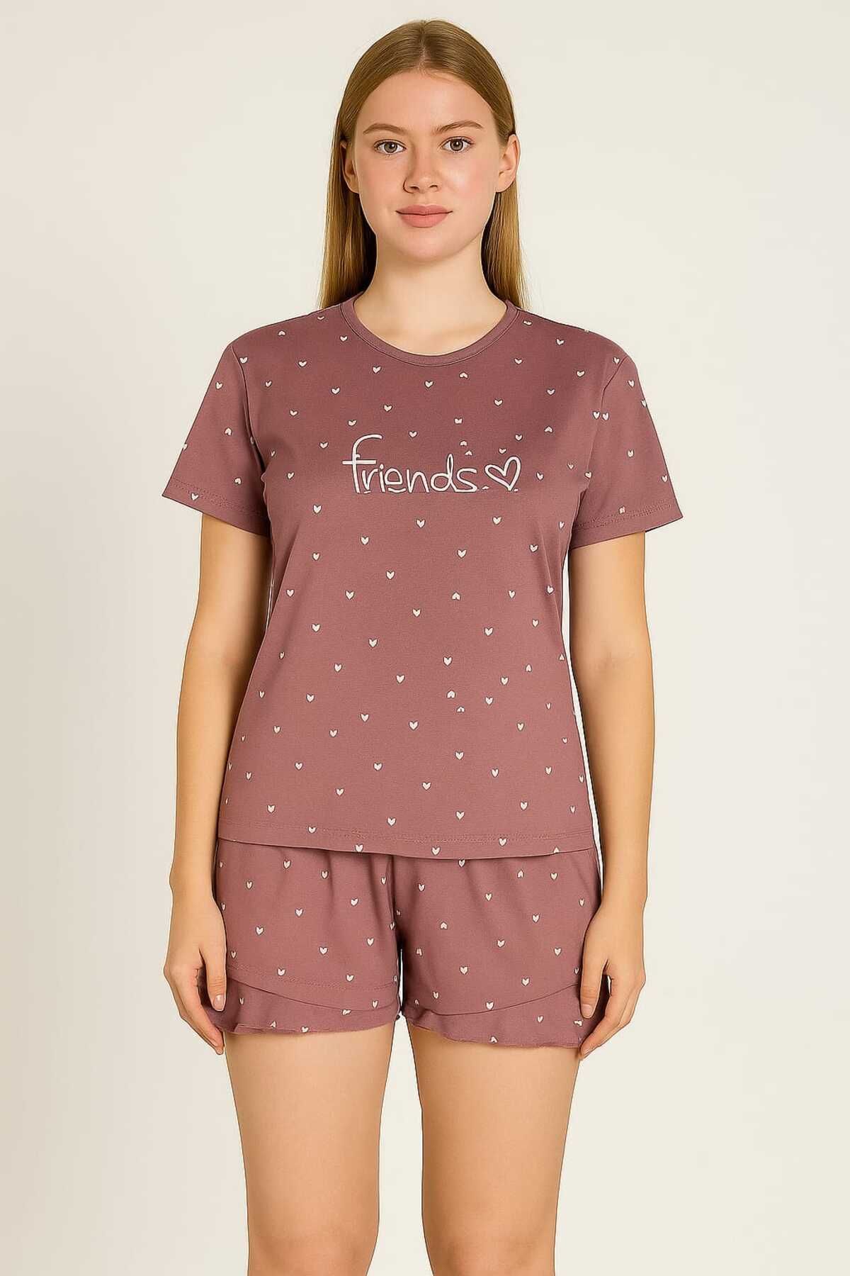 Kalp Desenli Gül Kurusu Renkli Kısa Kollu Şortlu Pijama Takımı