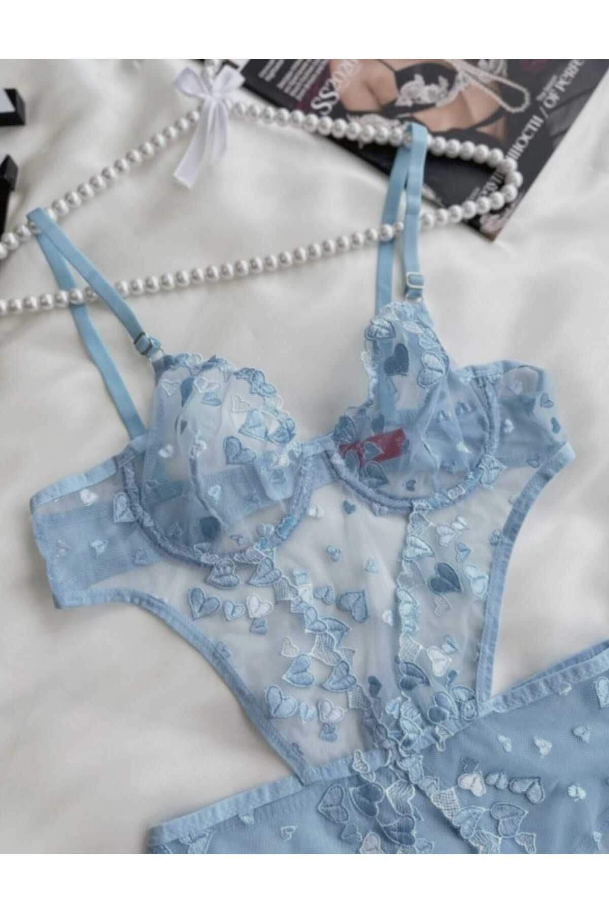 privée Heavenly Mavi Kalpli Transparan Balenli Dantelli Bodysuit