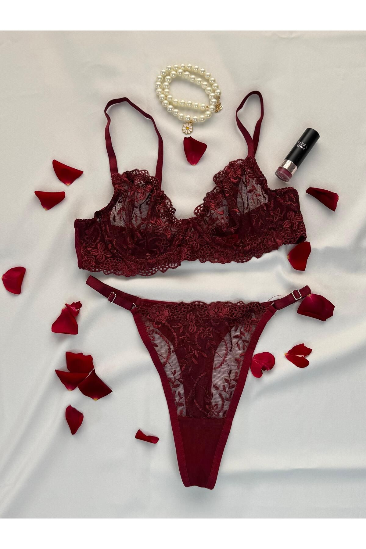 Rouge Nuit Bordo Dantelli Nakış İşlemeli Brode Takım