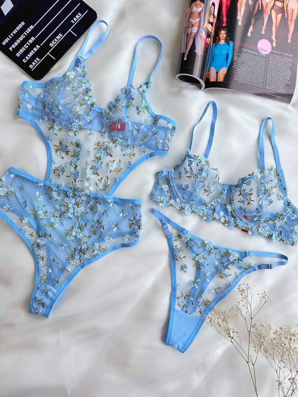 Mavi Balenli Dantelli Çiçek İşlemeli 2'li Bralet ve Bodysuit Set