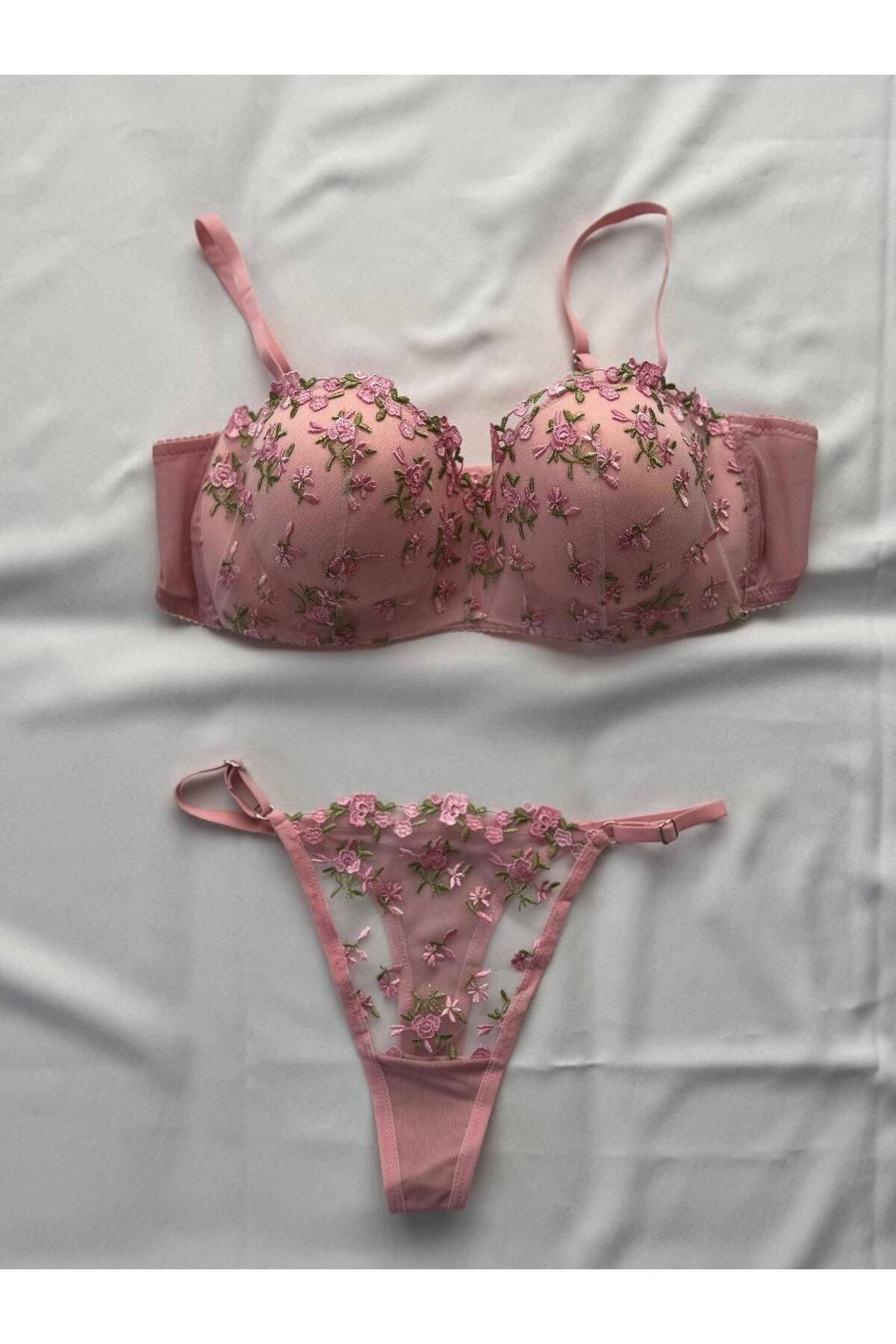Privée Pembe Dantelli Çiçekli Brode Takım