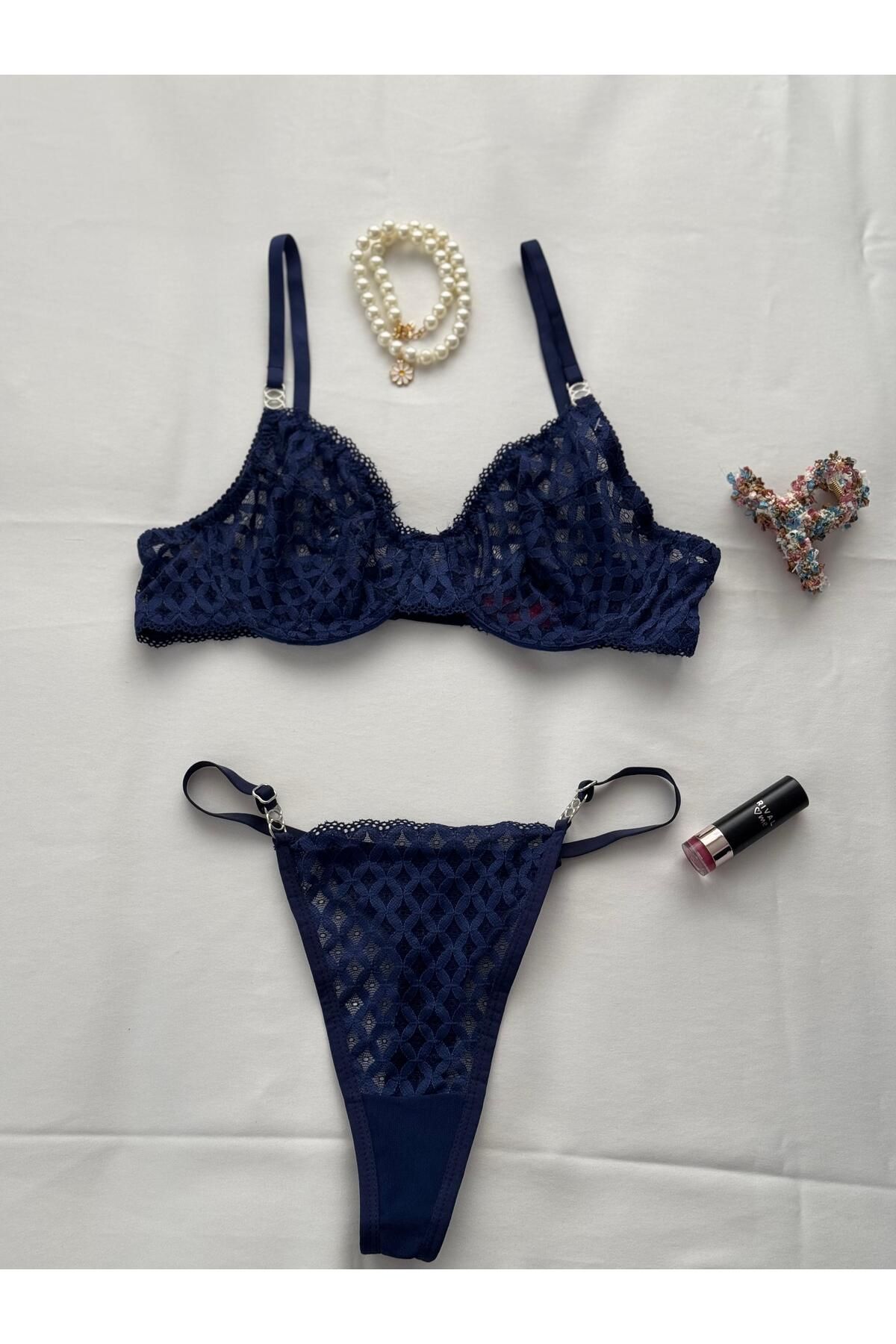 privée lacivert balenli dantelli tül bralet takımı