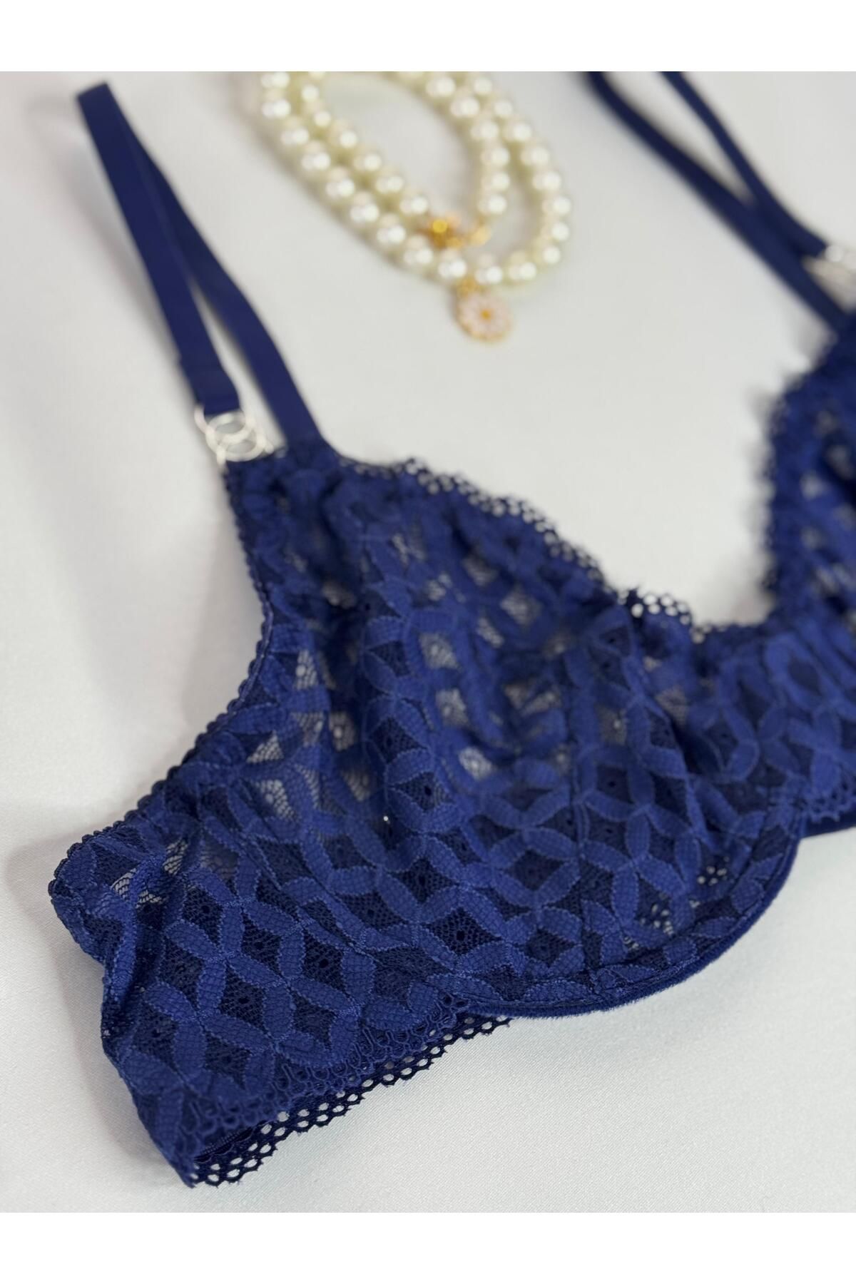 privée lacivert balenli dantelli tül bralet takımı