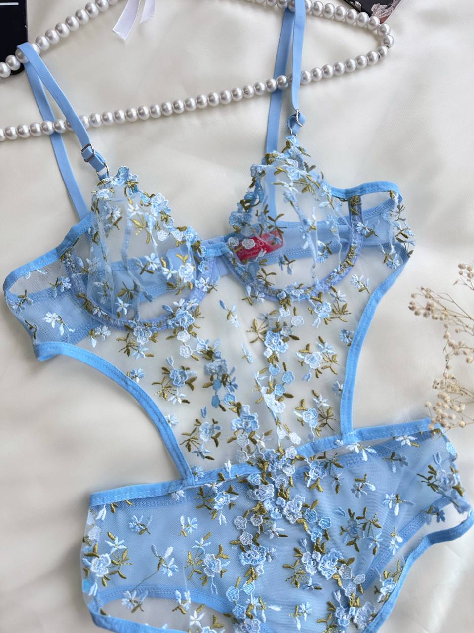 Mavi Balenli Dantelli Çiçek İşlemeli 2'li Bralet ve Bodysuit Set