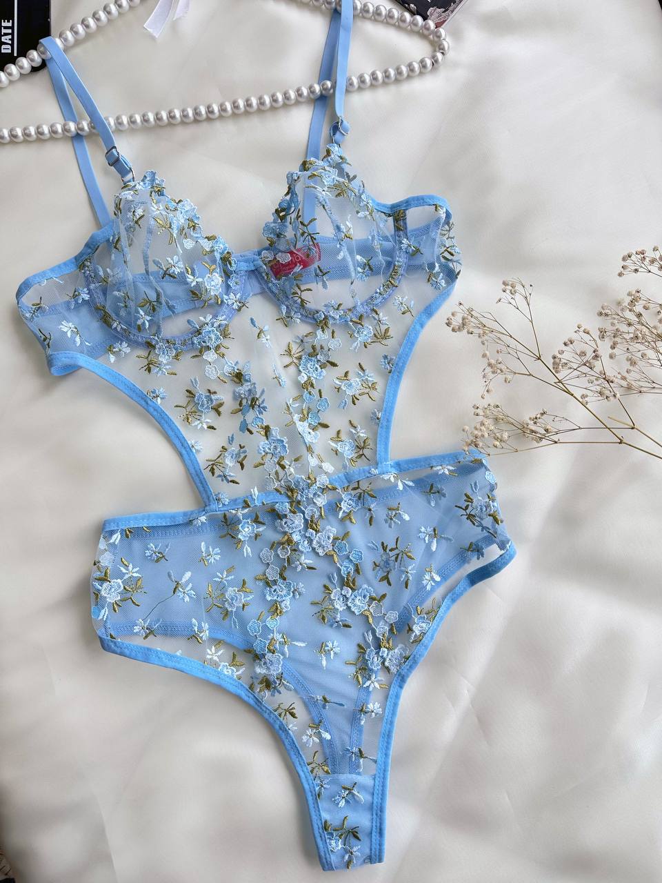 Mavi Balenli Dantelli Çiçek İşlemeli 2'li Bralet ve Bodysuit Set